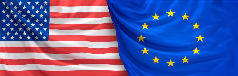 Banderas de Estados Unidos y la Unión Europea