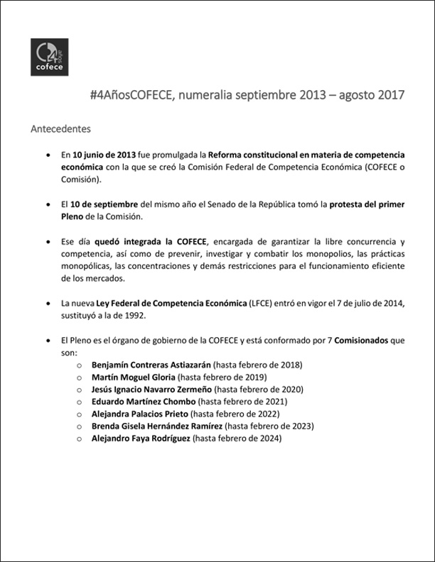Numeralia #4AñosCOFECE, septiembre 2013 – agosto 2017