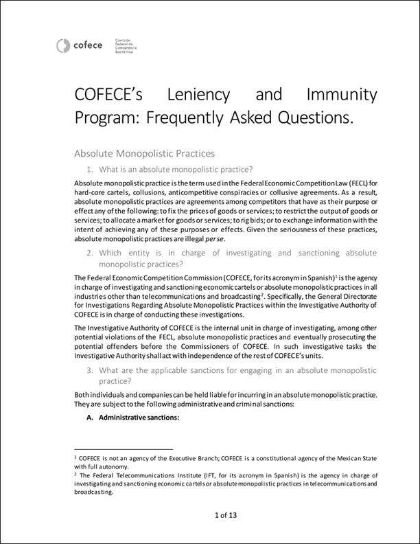 COFECE’s Leniency and Immunity Program: Frequently Asked Questions