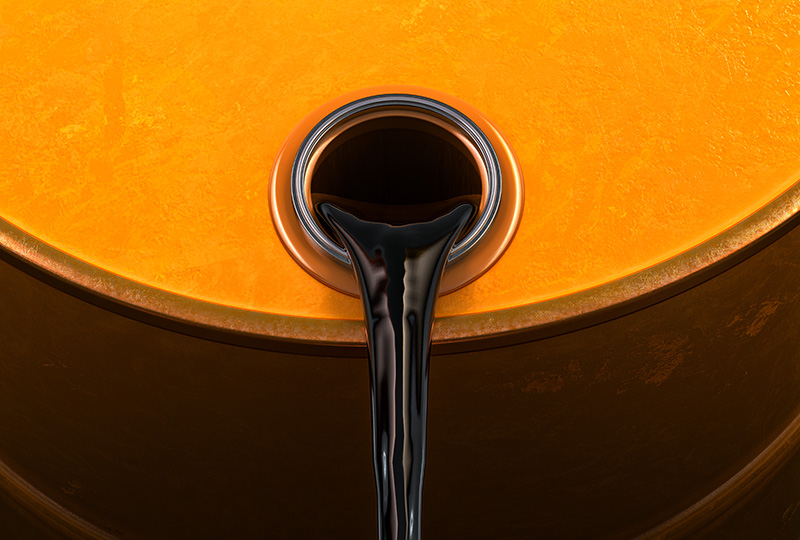 Pouring oil from orange barrel, black fluid 3D illustration. Plunging oil demand, oversupply, dwindling storage space. Petroleum production business price war crisis, oil market storage space collapse