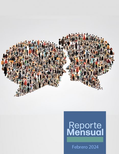 Portada del reporte mensual Cofece de febrero. Ilustración de dos burbujas de diálogo hechas de muchas personas.