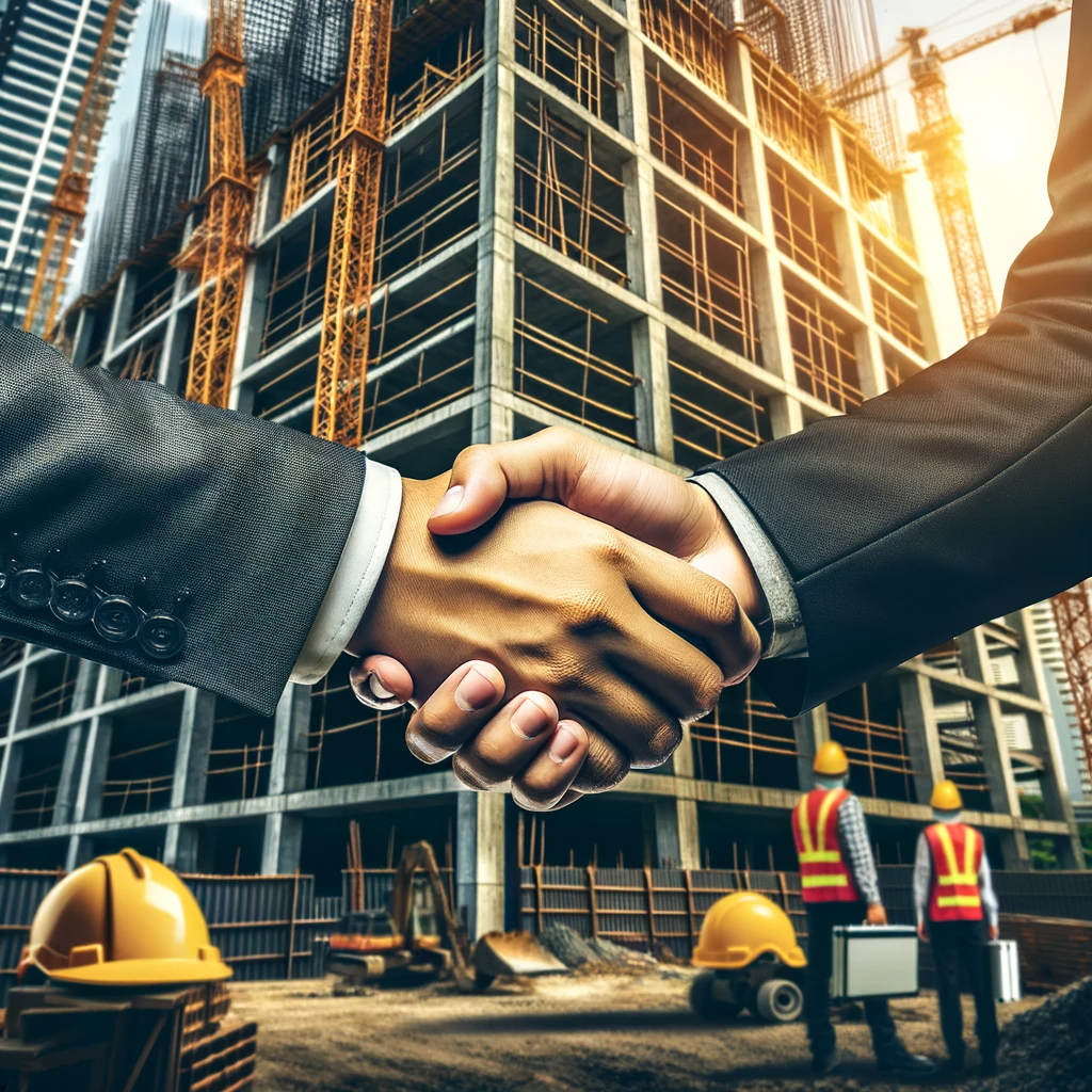 dos empresarios dándose la mano con un edificio en construcción al fondo