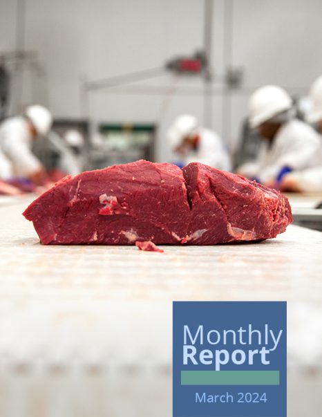 Cover of March Cofece's Monthly Report. Photograph of meat industry workers packaging steaks