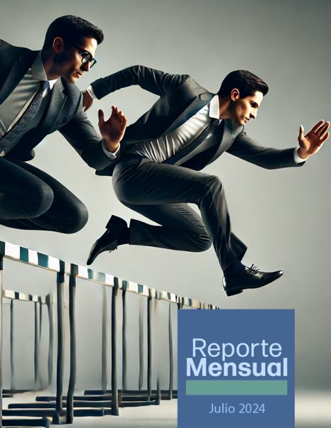 Ilustración de 2 ejecutivos saltando obstáculos como en una carrera olímpica. Portada del Reporte Mensual Cofece de Julio.