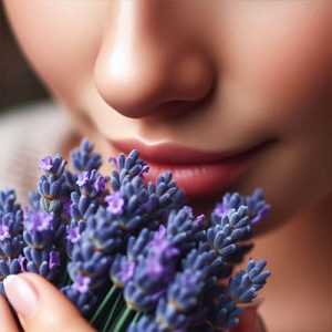 Ilustración de alguien oliendo un ramo de lavanda.