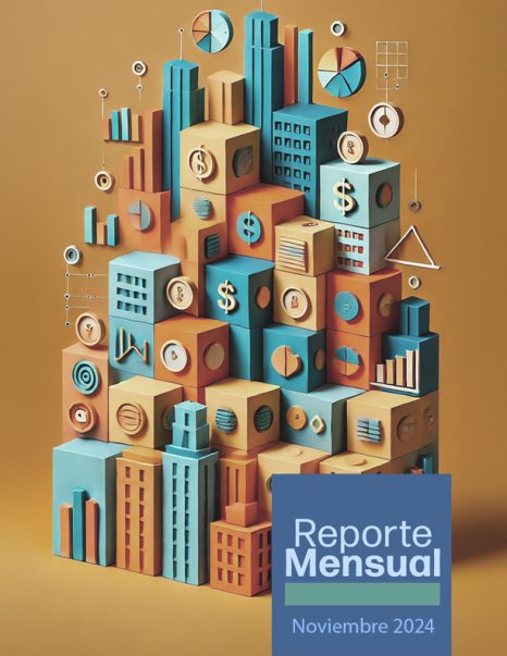 Portada reporte mensual noviembre. Imagen de una ciudad construida de cubos de papel con íconos económicos.