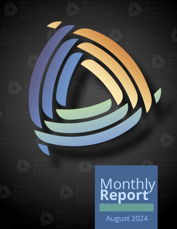 Cover of Cofece's monthly report for August. Logo of the Group of Competition Agencies of America (GrACA)