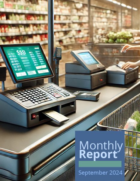 Cofece monthly report cover for September. Illustration of a cash register in a supermarket.