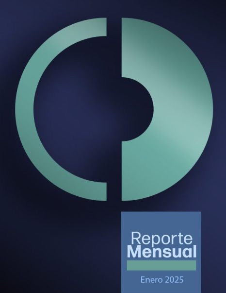 Portada reporte mensual Cofece de enero 2025. Ilustración del logotipo de Cofece