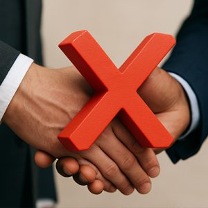 Ilustración de dos personas dándose la mano, cerrando un trato, pero una "X" roja, se los impide