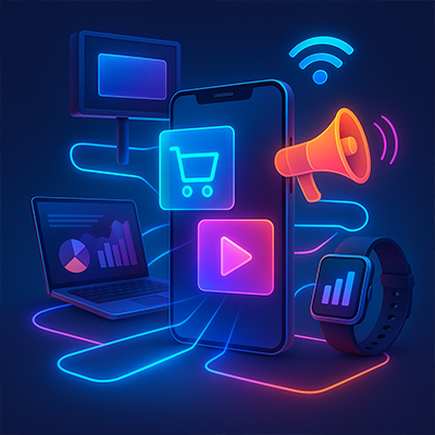 layer-cuadrado-jun25-2 Ilustración 3D de estilo futurista que muestra un smartphone al centro con iconos holográficos brillantes (carrito de compras y botón de “play”), conectado mediante trazos de luz neón a una laptop con gráficas, un reloj inteligente y un pequeño cartel digital con la palabra “AD”, todo sobre un fondo degradado azul oscuro.