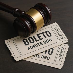 Fotografía hiperrealista de un mazo de juez de madera oscura con anillo metálico dorado, apoyado sobre dos boletos de concierto beige superpuestos. Los boletos tienen bordes perforados y muestran en grande “BOLETO ADMITE UNO” y, en los extremos, la palabra “CONCIERTO”. La escena descansa sobre una superficie de madera oscura.