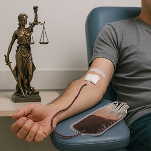 donante masculino con camiseta gris, sentado en una silla clínica azul mientras dona sangre: su brazo descansa en el apoyabrazos con una cánula conectada a una bolsa parcialmente llena. Al fondo, sobre una mesa, se aprecia una estatua de bronce de la Justicia ciega con balanza en una mano y espada en la otra.