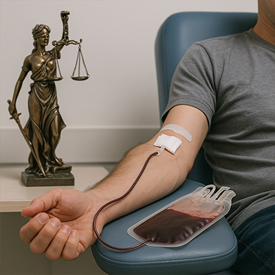 layer-cuadrado-jun25-4 donante masculino con camiseta gris, sentado en una silla clínica azul mientras dona sangre: su brazo descansa en el apoyabrazos con una cánula conectada a una bolsa parcialmente llena. Al fondo, sobre una mesa, se aprecia una estatua de bronce de la Justicia ciega con balanza en una mano y espada en la otra.