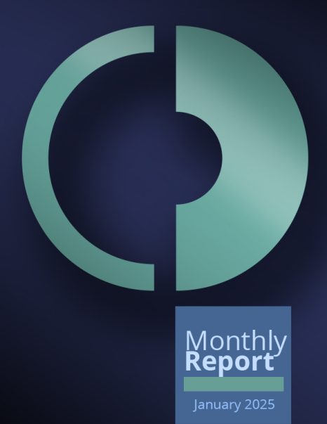 Cover of the January 2025 Cofece monthly report. Illustration of the Cofece logo.