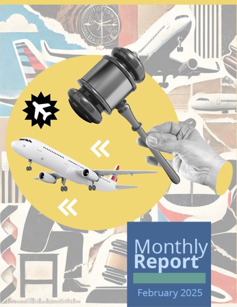Cover of the Cofece monthly report for February 2025. Illustration of a mallet and an airplane.
