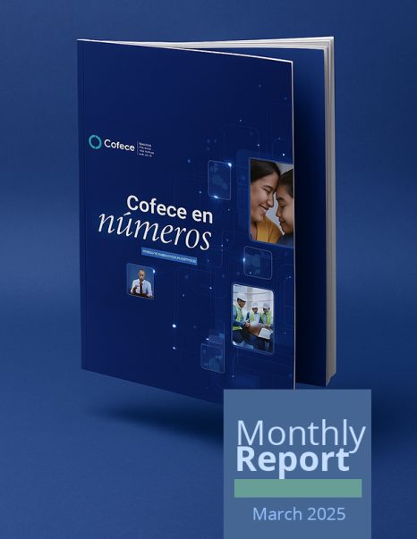Cover of the March 2025 monthly report, showing an illustration of a booklet with the cover of the document "Cofece in numbers 2024"